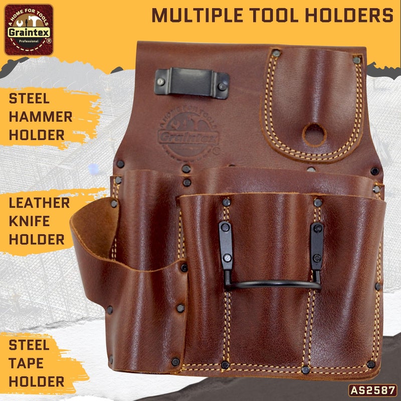 Graintex Drywall Pouch Right Handed Ambassador Series Chestnut Brown Color Top Grain Leather, 1 Hammer Holder, Drywall Tool Belt, Framers Tool Pouch, Construction, Carpenter, Electricians - AS2587 - Image 4